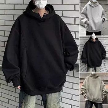 Осень-зима Мужская толстовка с капюшоном с большими карманами, застегивающимся на пуговицы капюшоном, свободными эластичными манжетами, теплый пуловер средней длины, однотонный топ в стиле хип-хоп для занятий спортом, повседневной носки M абрикосовый