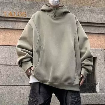 Осень-зима Мужская толстовка с капюшоном с большими карманами, застегивающимся на пуговицы капюшоном, свободными эластичными манжетами, теплый пуловер средней длины, однотонный топ в стиле хип-хоп для занятий спортом, повседневной носки M армия зеленый