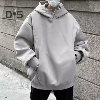 Осень-зима Мужская толстовка с капюшоном с большими карманами, застегивающимся на пуговицы капюшоном, свободными эластичными манжетами, теплый пуловер средней длины, однотонный топ в стиле хип-хоп для занятий спортом, повседневной носки M абрикосовый