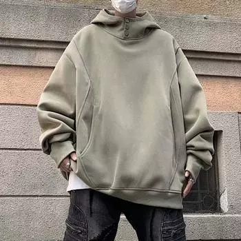 Осень-зима Мужская толстовка с капюшоном с большими карманами, застегивающимся на пуговицы, свободные эластичные манжеты M армия зеленый