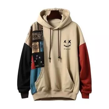 Осень-зима мужская толстовка с капюшоном свободная с длинным рукавом соответствующего цвета большой накладной карман с мультяшным рисунком ретро с капюшоном толстый теплый пуловер уличная одежда мужской топ XL чёрный