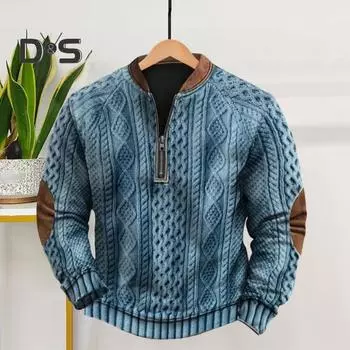 Осень-зима Мужская толстовка с полумолнией, ромбовидной текстурой, лоскутное круглое декольте, пуловер с длинными рукавами, повседневный спортивный топ для активного отдыха 3XL синий