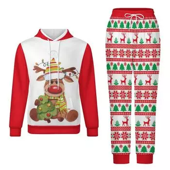 Осень/Зима Мужская/Женская однотонная модная простая нерегулярная рождественская принтованная американская тенденция свободный повседневный теплый комплект с капюшоном S