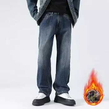 Осень/зима Мужские американские джинсы High Street Retro Straight Leg, плотные брюки с бархатом, свободные, модные, универсальные, джинсовые брюки 28