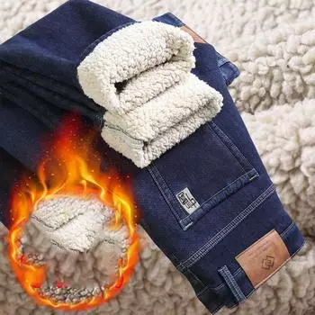 Осень Зима Мужские Брюки Джинсы из Овечьей Шерсти и Флиса с Толстым Утеплителем Свободного Прямого Покроя Повседневные Эластичные Деловые 40