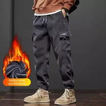 Осень-зима мужские брюки-карго свободные с завязками на резинке на талии большого размера джоггеры утолщенные однотонные карманы для фитнеса уличная одежда для путешествий на открытом воздухе брюки M серый