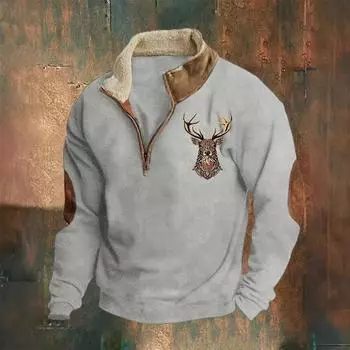 Осень-зима Мужские пуловеры Толстовки на молнии с длинным рукавом из флиса в стиле пэчворк Толстовки с винтажным меховым воротником с племенной графикой в виде лося Большие топы S темно-синий