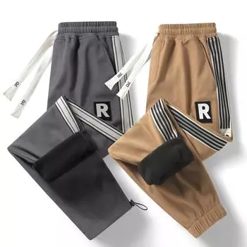 Осень-зима мужские вельветовые флисовые брюки винтажные толстые теплые брюки мужские прямые повседневные брюки эластичные брюки L серый