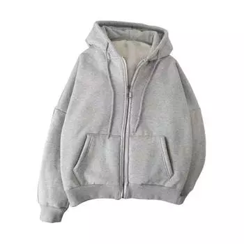 Осень-зима Мужское пальто на молнии с длинными рукавами, эластичными манжетами, толстый, большого размера, со шнурком, плюшевый, однотонный, свободные карманы, повседневная спортивная толстовка с капюшоном XL серый
