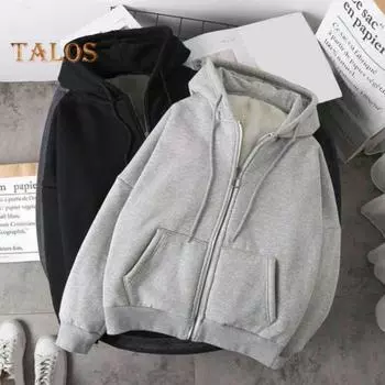 Осень-зима Мужское пальто на молнии с длинными рукавами, эластичными манжетами, толстый, большого размера, со шнурком, плюшевый, однотонный, свободные карманы, повседневная спортивная толстовка с капюшоном 2XL серый