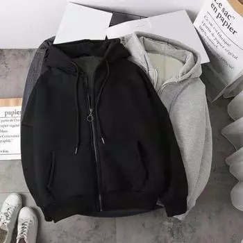 Осень-зима Мужское пальто на молнии с длинными рукавами, эластичными манжетами, толстый, большого размера, со шнурком, плюшевый, однотонный, свободные карманы, повседневная спортивная толстовка с капюшоном M чёрный