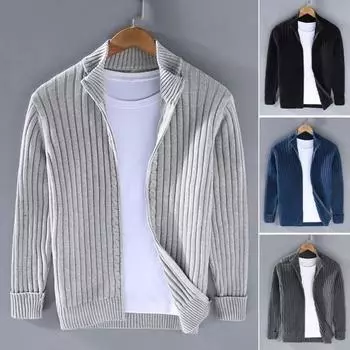 Осень-зима Мужское пальто на молнии Вязаный кардиган с воротником-стойкой Длинные рукава Твердый 3XL темно-серого