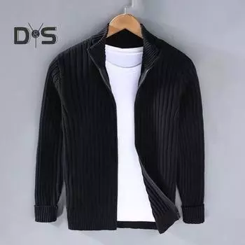 Осень-зима Мужское пальто на молнии, трикотажный кардиган с воротником-стойкой, длинными рукавами, однотонное, плотная эластичная, свободная, полосатая текстура, повседневная трикотажная куртка 2XL светло-серый