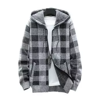 Осень-зима Мужское пальто на молнии с длинными рукавами, толстая плюшевая клетчатая верхняя одежда с капюшоном, свободные двойные карманы, повседневная спортивная толстовка для работы и отдыха M светло-серый