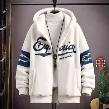 Осень-зима мужское пальто с длинным рукавом и капюшоном, застежка-молния, кардиган с буквенным декором, толстая теплая ветрозащитная куртка с карманами, свободная куртка с капюшоном для пары XXXL синий