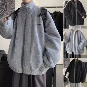 Осень-зима Мужское пальто с завязками на талии и воротником-стойкой, свободного кроя, куртка из искусственного меха ягненка с карманами, утолщенная теплая верхняя одежда M синий