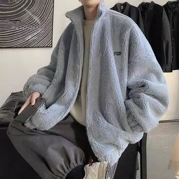 Осень-зима Мужское пальто с завязками на талии и воротником-стойкой, свободного кроя, куртка из искусственного меха ягненка с карманами, утолщенная теплая верхняя одежда M чёрный