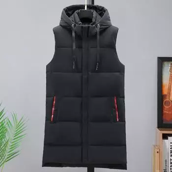 Осень-зима мужской длинный жилет с капюшоном модная толстая теплая безрукавка парка повседневная черная куртка XL чёрный