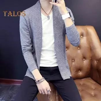 Осень-зима мужской кардиган пальто трикотажное средней длины с длинными рукавами трикотаж однотонный облегающий крой ажурный шов теплая повседневная одежда работа свидание куртка L чёрный