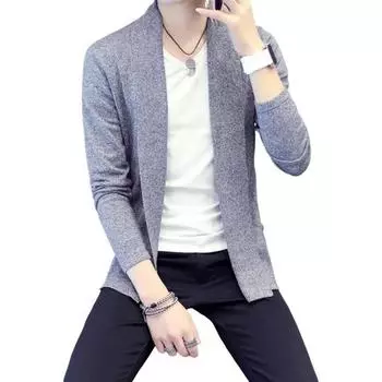 Осень-зима мужской кардиган пальто трикотажное средней длины с длинными рукавами трикотаж однотонный облегающий крой ажурный шов теплая повседневная одежда работа свидание куртка M темно-синий