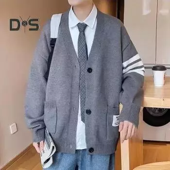 Осень-зима мужской кардиган с V-образным вырезом, трикотажный однотонный эластичный однотонный свободный на пуговицах в стиле преппи, однобортный свитер в деловом стиле M серый