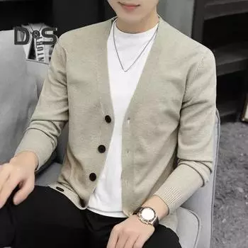 Осень-зима мужской кардиган с V-образным вырезом, трикотажный, однотонный, эластичный, однотонный, свободный, на пуговицах, однобортный, формальный, деловой стиль, свитер, пальто L темно-серого