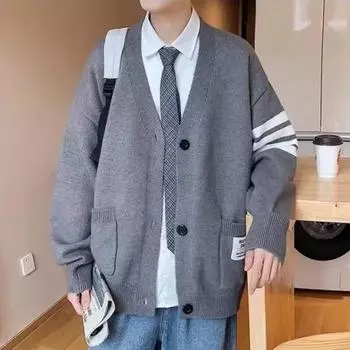 Осень-зима мужской кардиган с V-образным вырезом, трикотажный однотонный эластичный однотонный свободный на пуговицах в стиле преппи, однобортный свитер в деловом стиле M чёрный