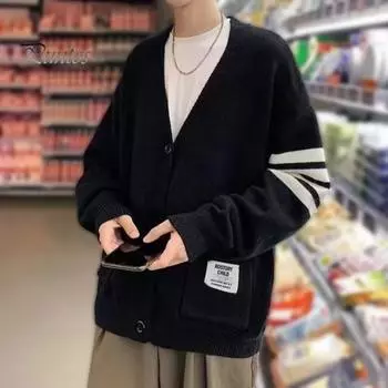 Осень-зима мужской кардиган с V-образным вырезом, трикотажный однотонный эластичный однотонный свободный на пуговицах в стиле преппи, однобортный свитер в деловом стиле M серый