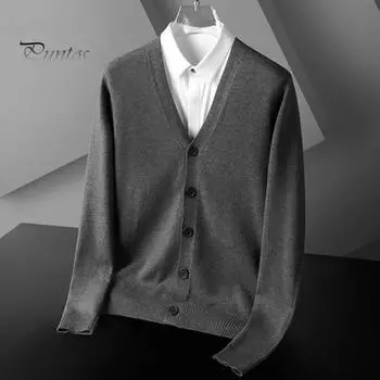 Осень-зима мужской кардиган с V-образным вырезом, трикотажный однотонный эластичный однотонный свободный однобортный свитер в деловом стиле на пуговицах L темно-серого