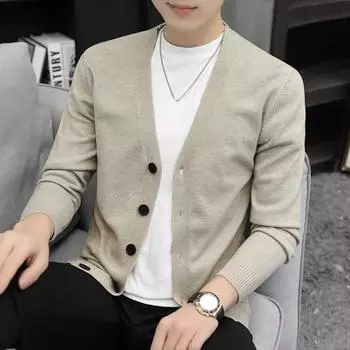 Осень-зима мужской кардиган с V-образным вырезом, трикотажный однотонный эластичный однотонный свободный однобортный свитер в деловом стиле на пуговицах L темно-серого