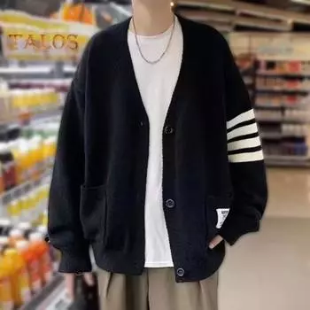 Осень-зима мужской кардиган с V-образным вырезом, трикотажный однотонный эластичный однотонный свободный на пуговицах в стиле преппи, однобортный свитер в деловом стиле M серый