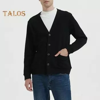 Осень-зима мужской кардиган с V-образным вырезом, трикотажный однотонный эластичный однотонный свободный однобортный свитер в деловом стиле на пуговицах XXL темно-синий