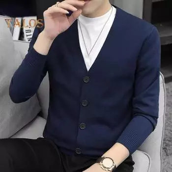 Осень-зима мужской кардиган с V-образным вырезом, трикотажный однотонный эластичный однотонный свободный однобортный свитер в деловом стиле на пуговицах L темно-серого