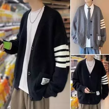 Осень-зима мужской кардиган с V-образным вырезом, трикотажный, однотонный, эластичный, чистый цвет, свободный M серый