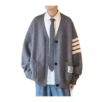 Осень-зима мужской кардиган с V-образным вырезом, трикотажный, однотонный, эластичный, чистый цвет, свободный M серый