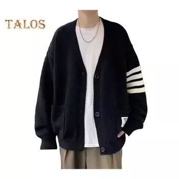 Осень-зима мужской кардиган с V-образным вырезом, трикотажный однотонный эластичный однотонный свободный на пуговицах в стиле преппи, однобортный свитер в деловом стиле M серый