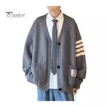 Осень-зима мужской кардиган с V-образным вырезом, трикотажный однотонный эластичный однотонный свободный на пуговицах в стиле преппи, однобортный свитер в деловом стиле M серый