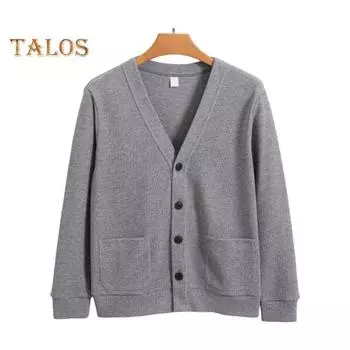 Осень-зима мужской кардиган с V-образным вырезом, трикотажный однотонный эластичный однотонный свободный однобортный свитер в деловом стиле на пуговицах M темно-синий