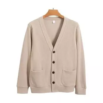 Осень-зима мужской кардиган с V-образным вырезом, трикотажный, однотонный, эластичный, чистый цвет, свободный M чёрный