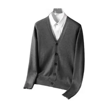 Осень-зима мужской кардиган с V-образным вырезом, трикотажный, однотонный, эластичный, чистый цвет, свободный M темно-серого