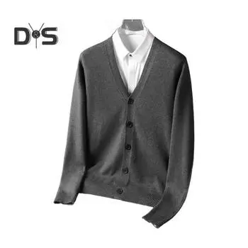 Осень-зима мужской кардиган с V-образным вырезом, трикотажный однотонный эластичный однотонный свободный однобортный свитер в деловом стиле с пуговицами M хаки