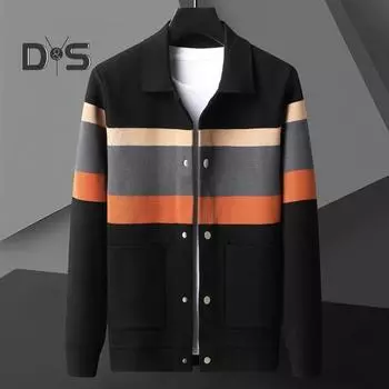 Осень-зима мужской кардиган свитер колоблок отложной воротник пальто длинные рукава карманы однобортный трикотажный эластичный жакет M оранжевый