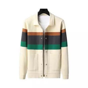 Осень-зима мужской кардиган свитер колоблок отложной воротник пальто длинные рукава карманы однобортный трикотажный эластичный жакет M бежевый