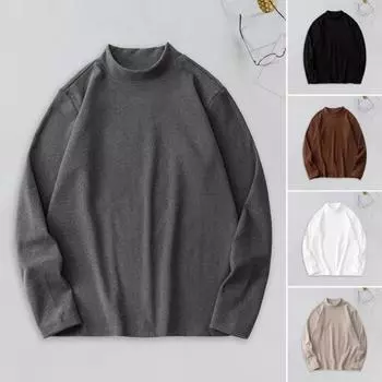 Осень-зима мужской облегающий топ из плотного плюша с полувысоким воротником, эластичный, с длинными рукавами, чистый цвет, размер плюс, средняя длина, для фитнеса и упражнений XL чёрный