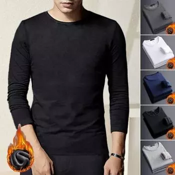 Осень-зима мужской облегающий топ с круглым вырезом, плотный плюшевый свитер с длинными рукавами, эластичный, чистый L белый