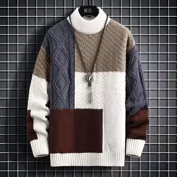 Осень-зима мужской повседневный свитер теплый сшитый цветной пуловер круглый вырез свитер утолщенный вязаный свитер XXXL чёрный