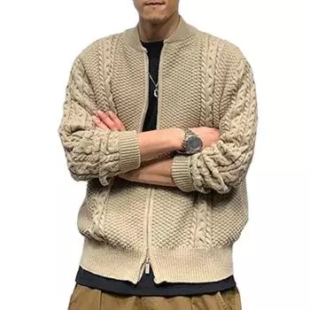 Осень-зима мужской свитер кардиган круглый вырез вязать толстый эластичный длинный рукав свободный M хаки