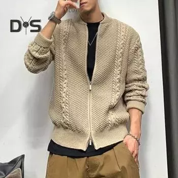 Осень-зима мужской свитер кардиган с круглым вырезом трикотаж плотный эластичный длинный рукав свободный теплый однотонный трикотаж на молнии повседневная одежда свитер пальто M хаки