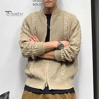 Осень-зима мужской свитер кардиган с круглым вырезом трикотаж плотный эластичный длинный рукав свободный теплый однотонный трикотаж на молнии повседневная одежда свитер пальто XL чёрный