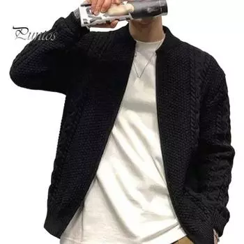 Осень-зима мужской свитер кардиган с круглым вырезом трикотаж плотный эластичный длинный рукав свободный теплый однотонный трикотаж на молнии повседневная одежда свитер пальто M чёрный